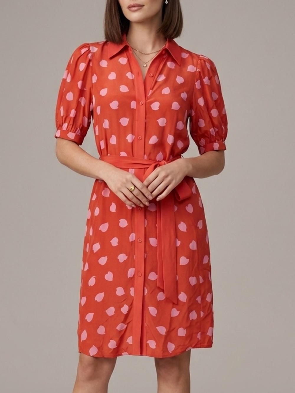 Diane von Furstenberg Red Pink Heart Leaf Print Silk Shirt Dress Sz2 Puff Sleeve